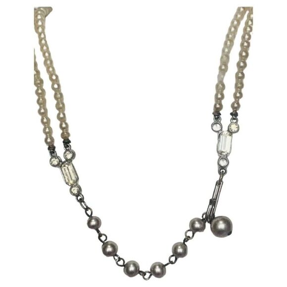 Vintage Oversized Beige Pearl Bead Double Strand Rhinestone Women’s Necklace - Picture 7 of 9